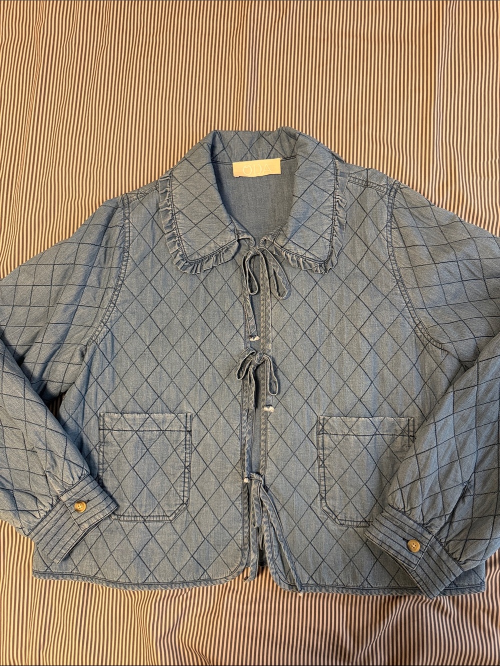 Quilted Denim Tie-Front Jacket - Blue
